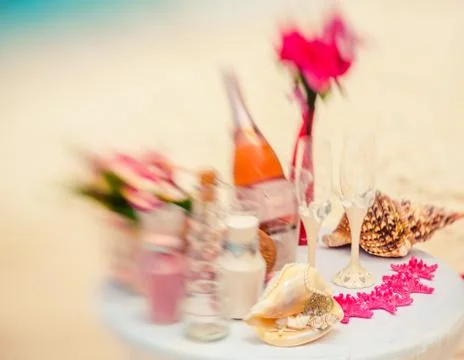 Accessory kit for caribbean wedding ceremony. Photographed on lens baby Stock Photos