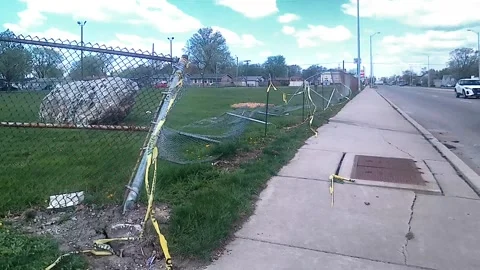 Accident, Fence Destroyed, tracking view headon, 147th St, Posen IL 스톡 동영상 244264622