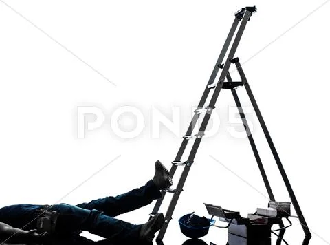 Accident manual worker man falling from ladder silhouette Stock Photos