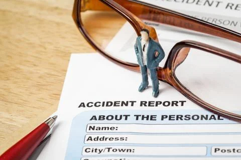 Accident report application form and businessman with pen and eyeglass, busin Stock Photos