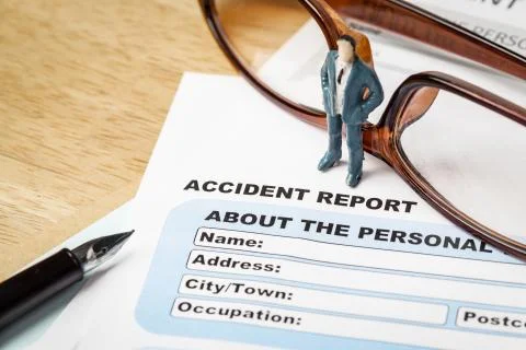 Accident report application form and businessman with pen and eyeglass, busin Stock Photos