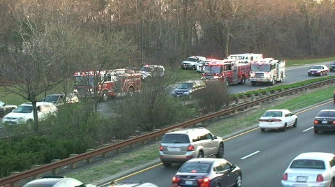 Accident Scene on Highway with Fire Trucks Stock Footage