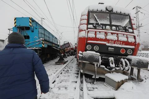An accident with two freight trains Stock Photos