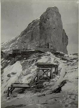 Accommodations and cable car at the Col des bous in the Marmolata section.... Stock Photos