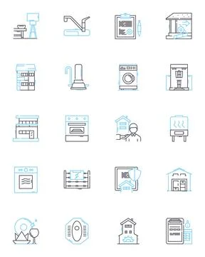 Accommodations market linear icons set. Hospitality, Lodging, Hotels, Resorts Stock Illustration