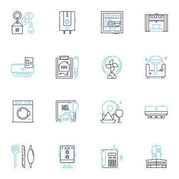 Accommodations market linear icons set. Hospitality, Lodging, Hotels, Resorts Stock Illustration