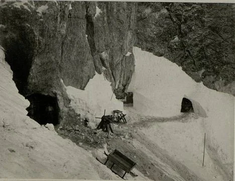 Accommodations in a rock cavity and elevator on the Korscharte. . Copyrigh... Stock Photos