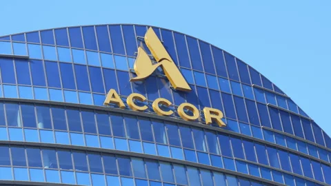 Accor logo at the top of the headquarters building near Paris, France Stock Footage 256973763