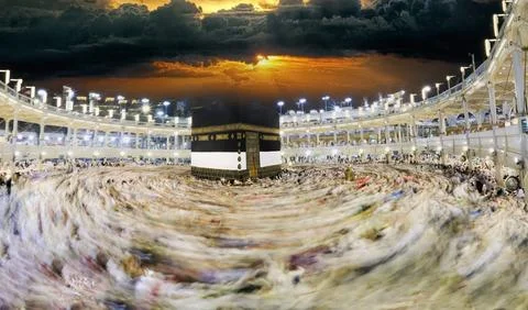 According to Islamic belief, the first temple built on earth and the Qibla o Stock Photos