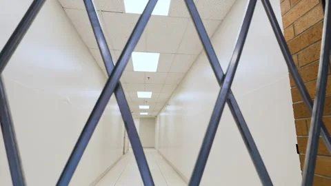 Accordion folding security gate blocking brick hallway entrance Stock Footage 342591141