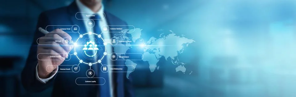 Account executive evaluating interaction metrics pointing at Customer Relat.. Stock Photos