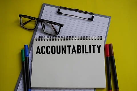 Accountability written note, glasses and pen. Responsibility concept 스톡 사진