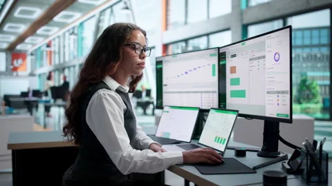 Accountant Analyzes Carbon Footprint Data On Laptop Stock Footage 344716615