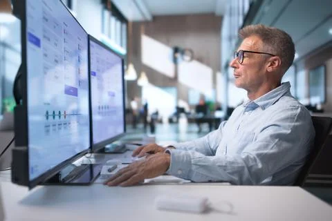 Accountant Analyzes Employee Payroll Data On Computer Using Advanced Software Stock Photos