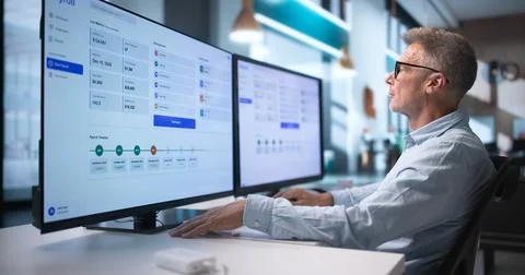 Accountant Analyzes Payroll Data On Computer Using Modern Financial Software. Stock Photos