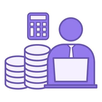 Accountant Color Icon. Vector Icon of Man with Laptop, Stack of Coins, and .. Stock Illustration