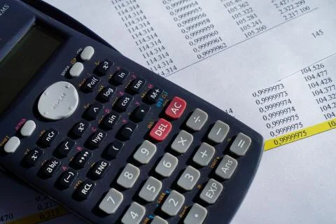 Accountant data spreadsheet with calculator. business accounter analysis econ Stock Photos