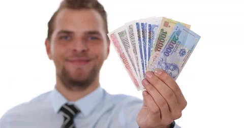 Accountant Man Show Closeup Shot Vietnamese Dong Banknotes Cash Money Vnd Bills Stock Footage