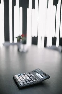 Accountant or bookkeeper empty work desk with calculator, employee or student Stock Photos