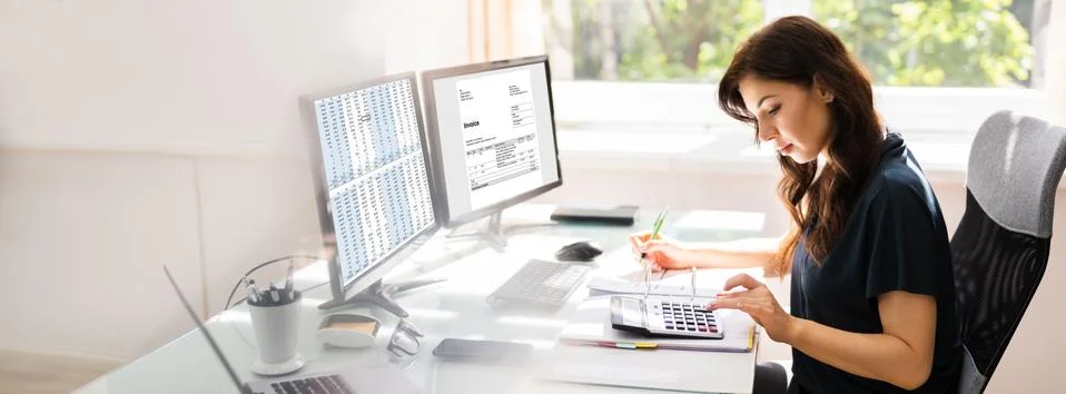 Accountant Using E Invoice Software At Computer Foto stock