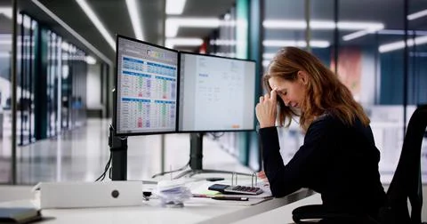 Accountant Using E Invoice Software At Computer In Office Foto stock