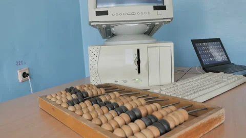  Accountant Working With Computer And Abacus Calculator Stock Footage 126372360