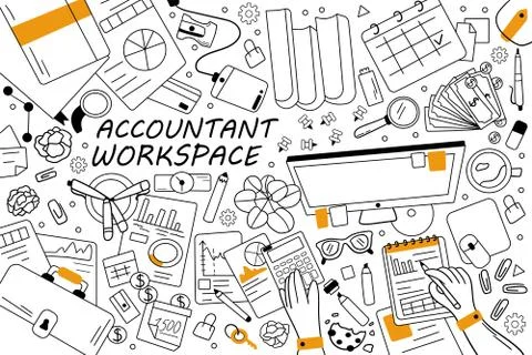 Accountant workspace doodle set Stock-Illustration