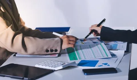 Accountants processing financial documents and taxes, managing corporate fi.. 스톡 사진