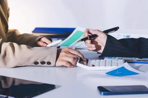 Accountants processing financial documents and taxes, managing corporate fi.. 스톡 사진