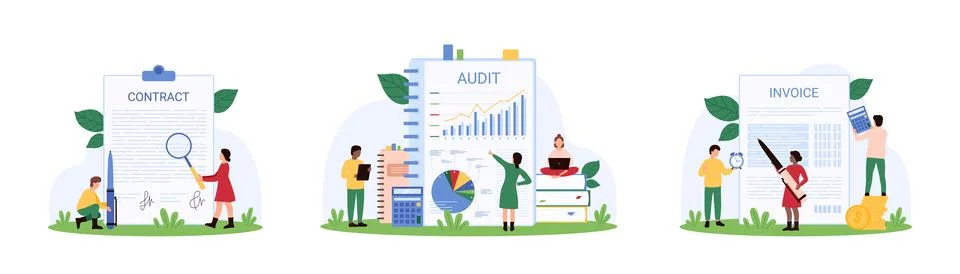 Accounting, accountants evaluation set, tiny people research invoice, contract イラスト素材