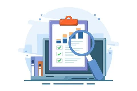 Accounting analytics concept with graphs, audit research on computer. Stockillustratie