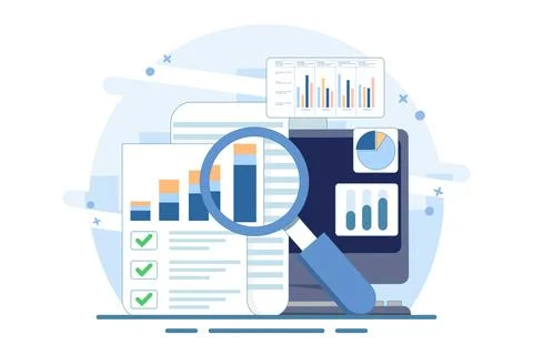 Accounting analytics concept with graphs, audit research on computer. Stock Illustration
