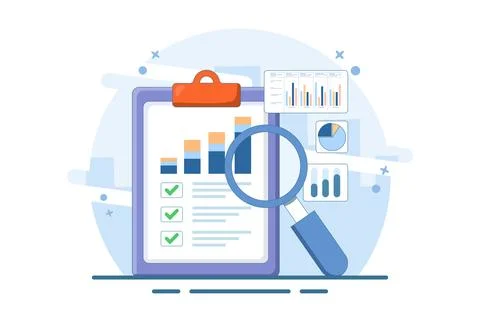 Accounting analytics concept with graphs, audit research on computer. Stock Illustration
