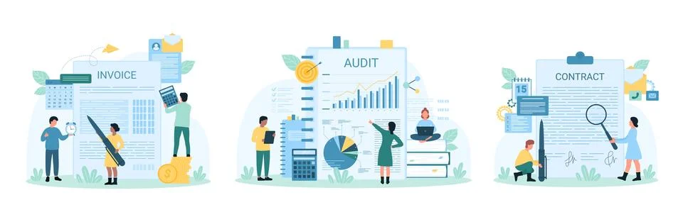 Accounting and audit set, tiny people with magnifier check invoice, contract and Stock Illustration