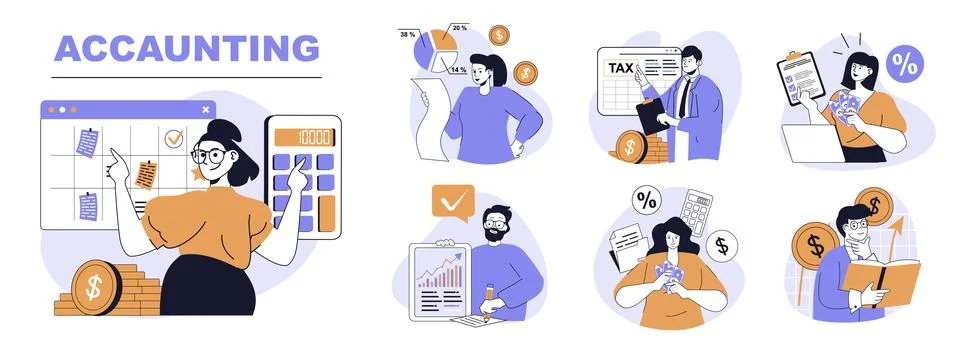 Accounting concept set in flat web design. People in isolated scenes inspecti Stock Illustration