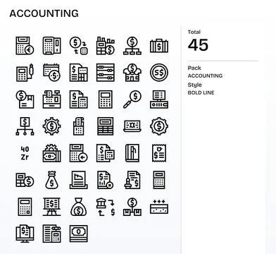 Accounting Design Vector Icons featuring 45 Grid Fitted Bold Line Style Stock Illustration
