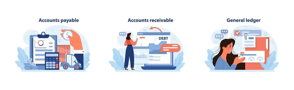 Accounting essentials set. Professionals handle accounts payable. Illustration