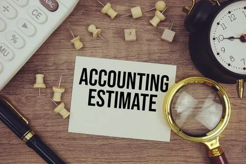 Accounting Estimate text written on notepad with pen, alarm clock, magnifyi.. Stock Photos