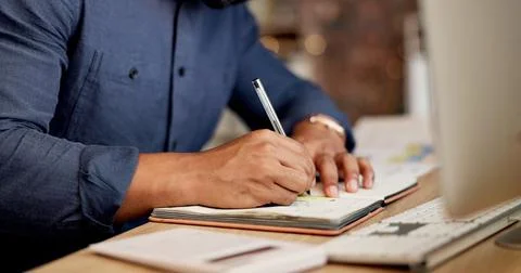 Accounting, hands or writing with notebook in office, financial audit or Stock Photos