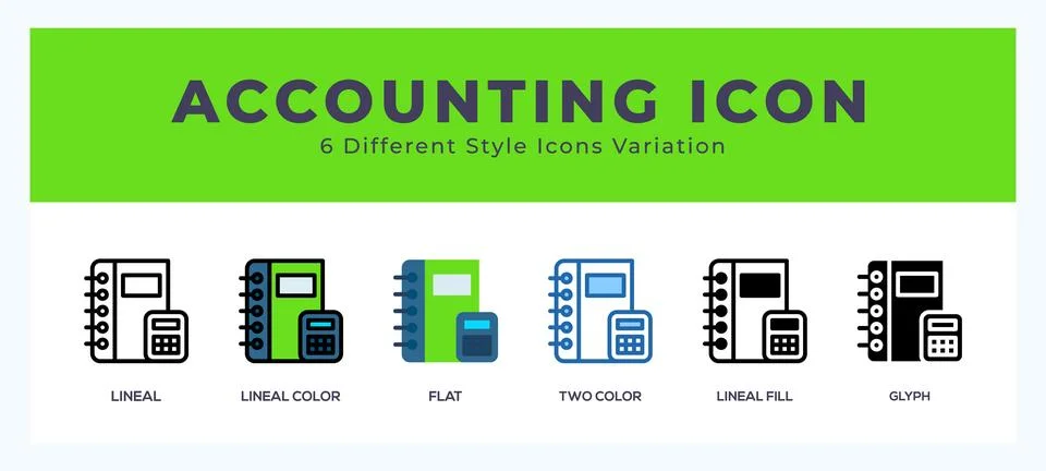 Accounting icon set with different styles. Design elements for logo. Vector.. Stock Illustration