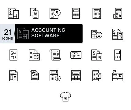 Accounting Software Vector Icon Arsenal with 25 128x128 Regular Line Grid F.. Stock Illustration