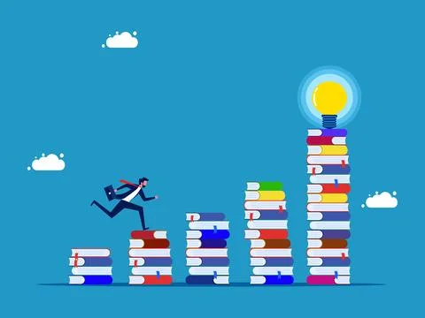 Accumulate knowledge and work experience. Businessman running on stack of boo Stock Illustration
