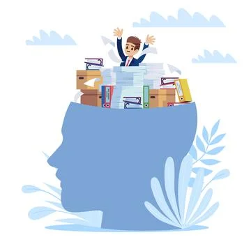 Accumulated, unresolved problems. Mess in head, panicking man in front of Stock Illustration