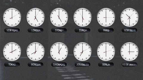 Accurate Clocks with Different Time Zones All over the World Stock Footage 84744863