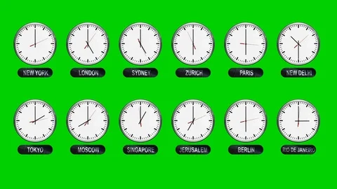 Accurate Different Time Zones Clocks on a Green Screen Stock Footage 84745589