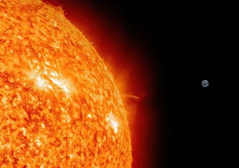 Accurate size comparison of Earth and Sun. 3D illustration Stock Illustration