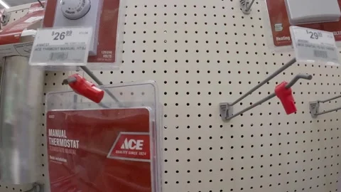 ACE hardware retail store interior security devices on home thermostats Stock Footage 249912870