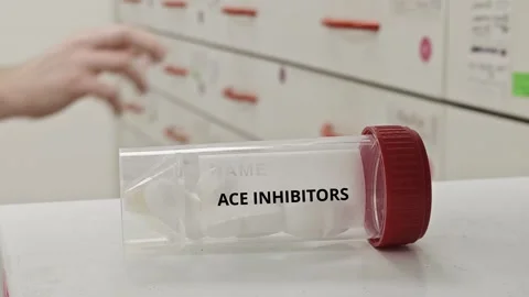 ACE INHIBITORS tablets used to lower blood pressure and improve heart functio Stock Footage 331608091