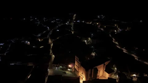 Acebo Night Flight Over Sleeping Village, Church and Street Lights Stock Footage 335355950