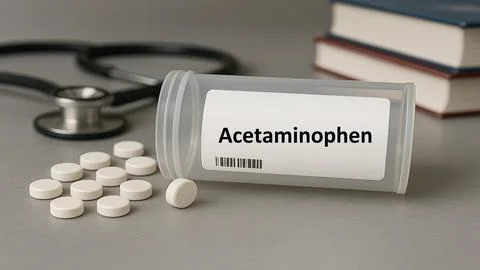 Acetaminophen plastic box with tablets of Paracetamol used for fever and pain Stock Photos
